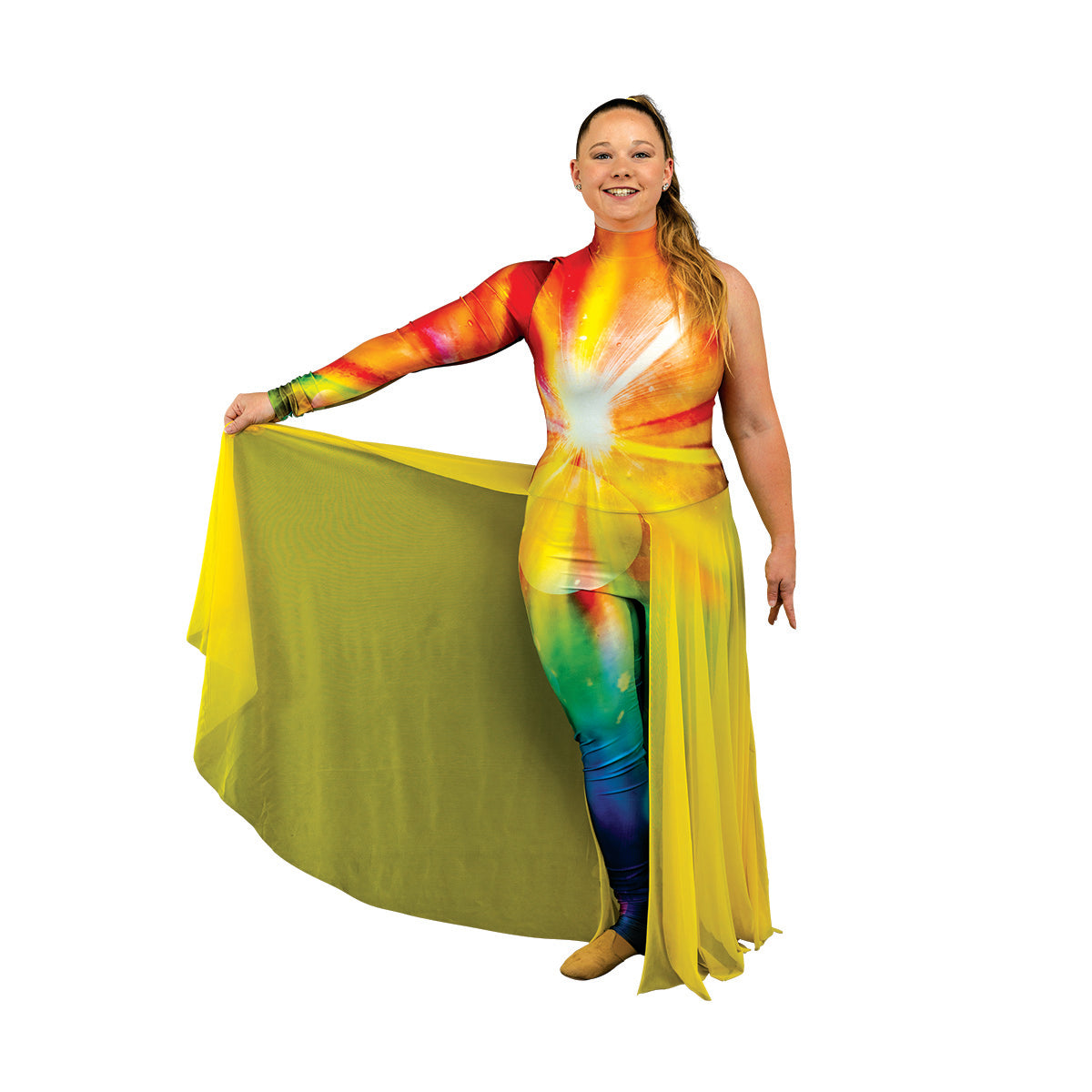 Colorful sunshine color guard uniform unitard