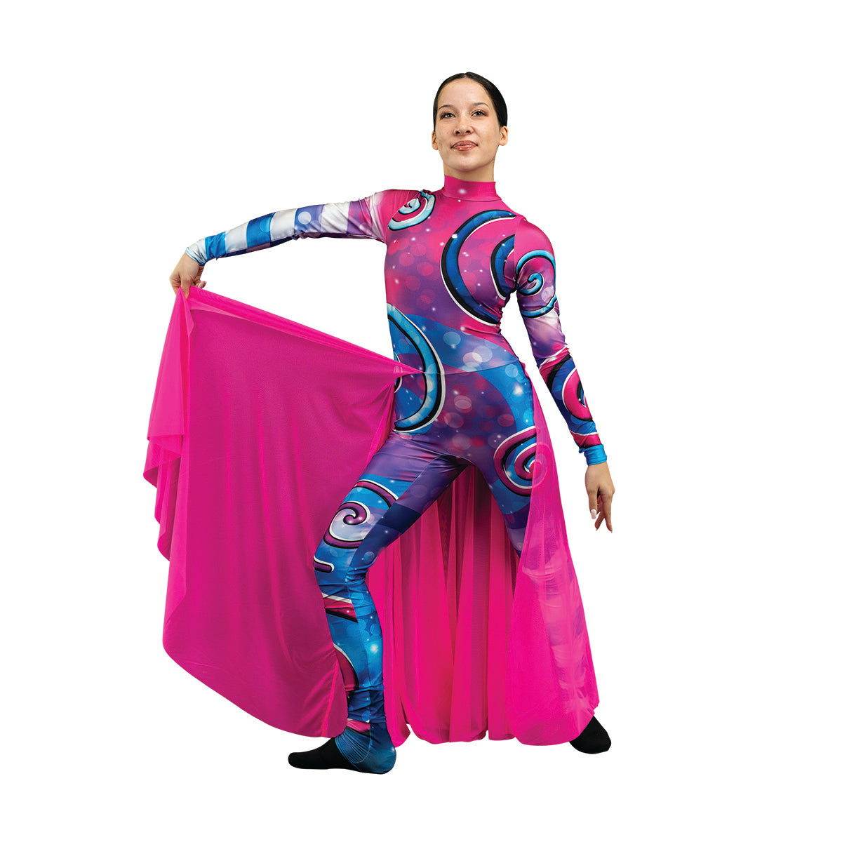 Pink and blue swirls color guard costume