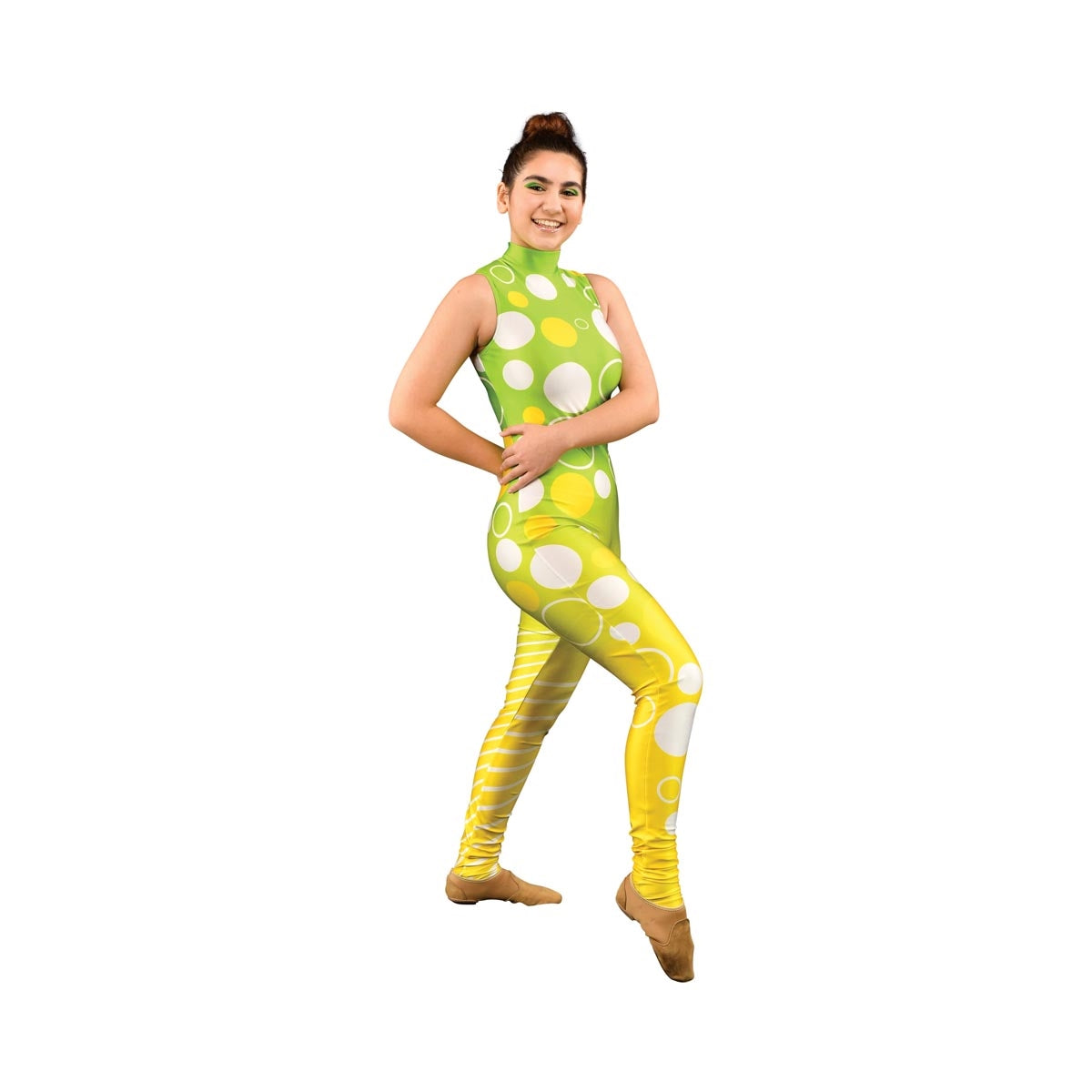 Bright green and yellow color guard costume